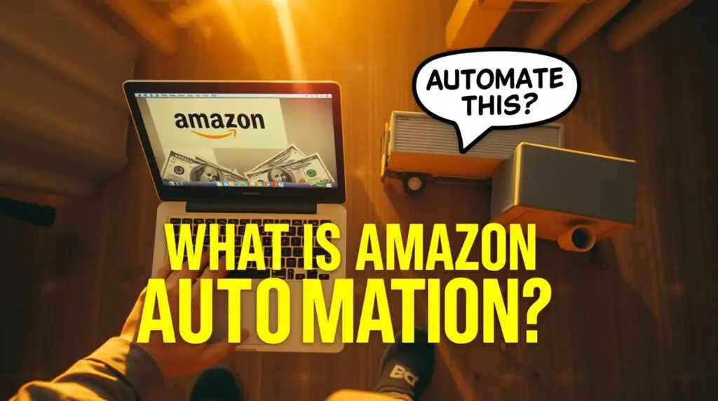 A YouTube thumbnail from a birds eye perspective bathed in warm golden light. It features a laptop showing Amazon money and a delivery truck alongside a surprised person with an AUTOMATE THIS text bub